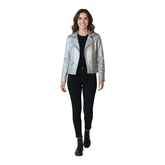 Calvin Klein metallic like gold champagne Moto Jacket w/ 1/4 Zip Sleeves WSz M - Picture 2 of 7